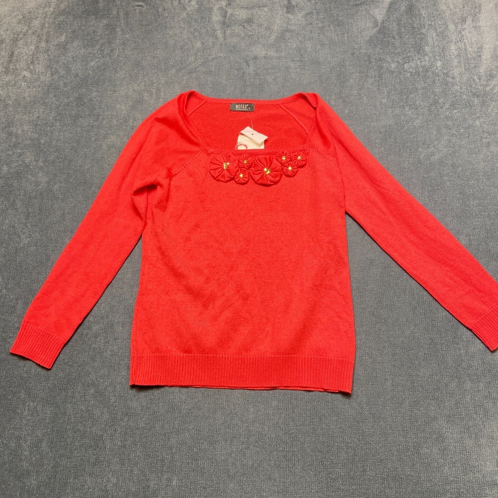 Wanko Sweater Womens S Red Long Sleeve Knitted Floral Beaded Detail Square Neck